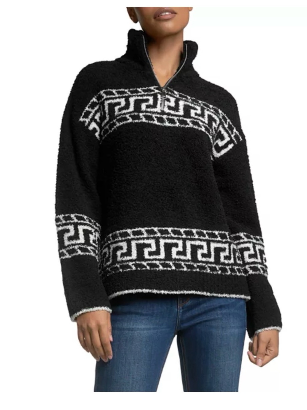Elan Black & White Geometric Quarter-Zip Pullover Turtleneck